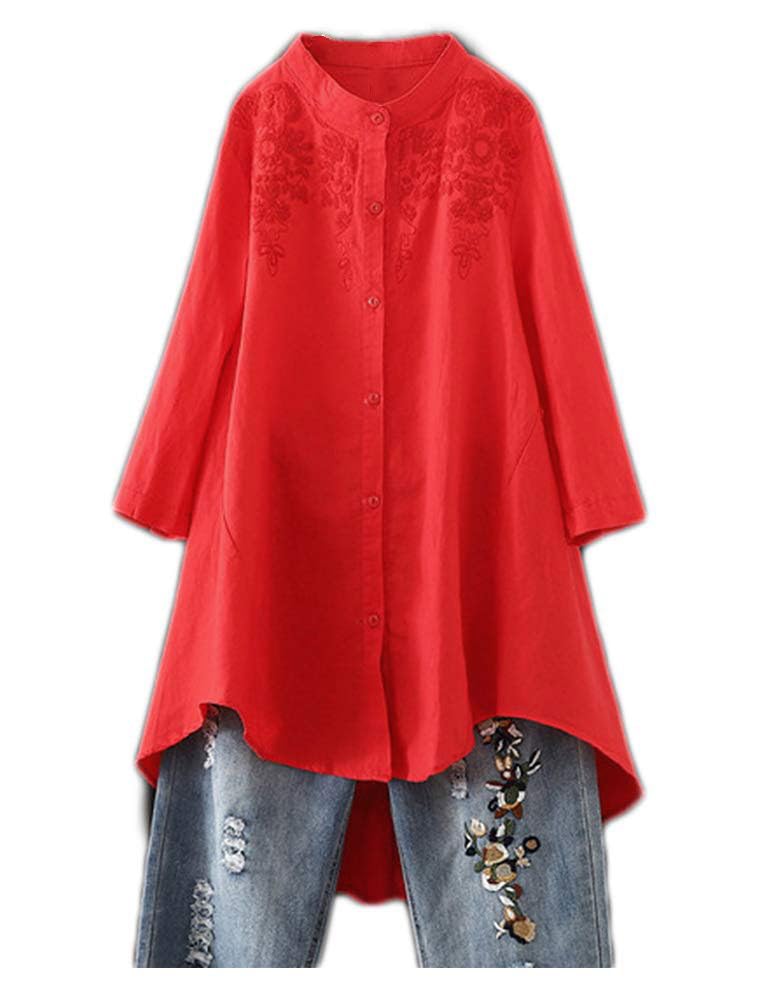 Minibee Women's Cotton Linen Shirt High Low Button Down Embroidered Blouse Long Sleeve Tunic Tops Red L - Image 1